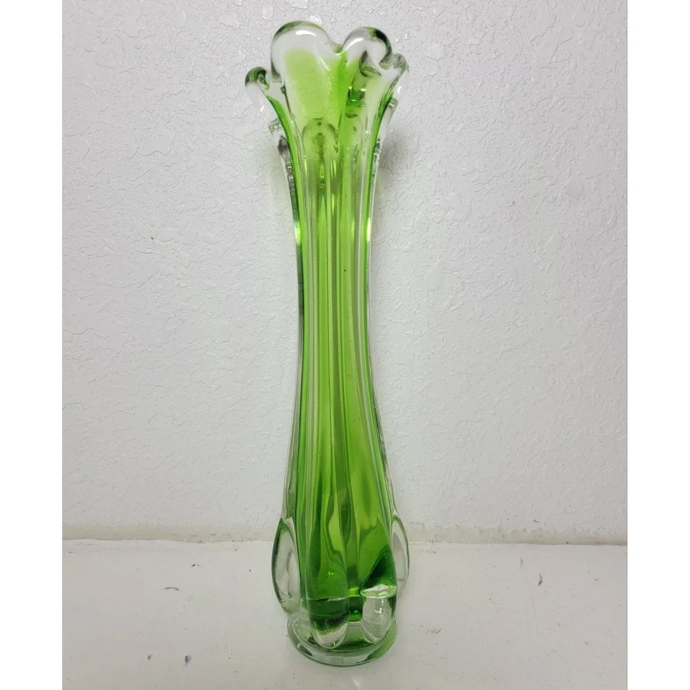 Vintage Wales Green Hand Blown Glass Swung Vase Scalloped Ruffled Made In Japan